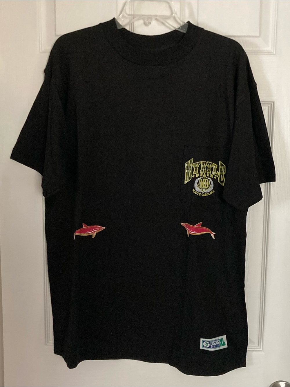 Vintage Discus Athletic Black Myrtle Beach South Carolina Dolphin Pocket T-Shirt